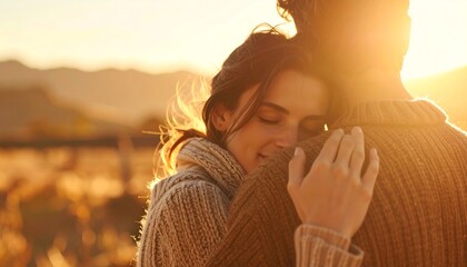 Couple Embracing at Sunset Outdoors with Warm Glowing Light