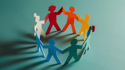Diverse colorful origami figures united holding hands