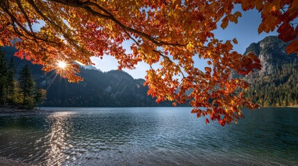 Peaceful autumn lake with vibrant orange and red foliage reflecting on still water in Austria’s Gesäuse National Park, with long shadows, clear blue sky,distant green mountains enhancing scenic beauty