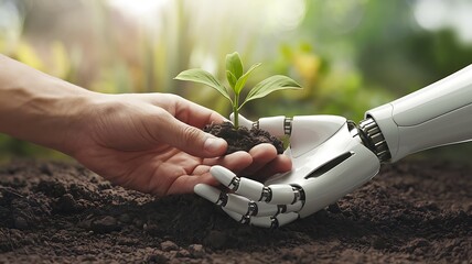 An AI robot hand and a human hand exchanging a tree sapling, symbolizing sustainability, innovation, and harmony between nature and technology for a green future and environment