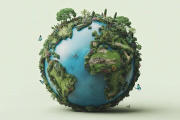 Lush green earth globe covered in trees and vegetation symbolizing nature and sustainability