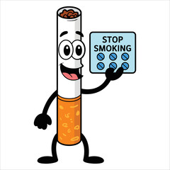 Raster illustration of talking cigarette cartoon mascot holding blister pills for stop smoking isolated on white background ideal for health campaigns and anti smoking projects.