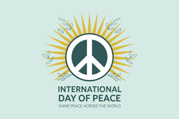 International Day of Peace creative card with blue peace symbol and sun rays, shine peace across the world, vector illustration