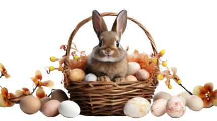 Easter bunny sitting in basket with painted egg on white background