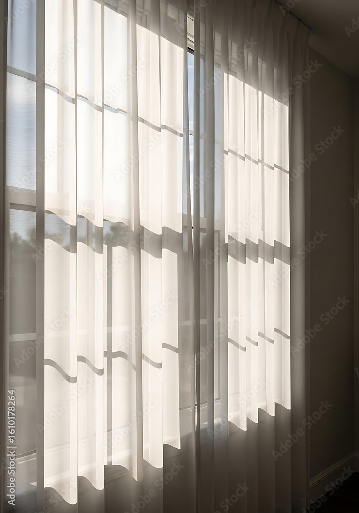 Poster elegant window with sheer curtains filtering soft sunlight creating ambiance