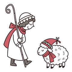 Shepherd with sheep wearing Christmas hats nativity