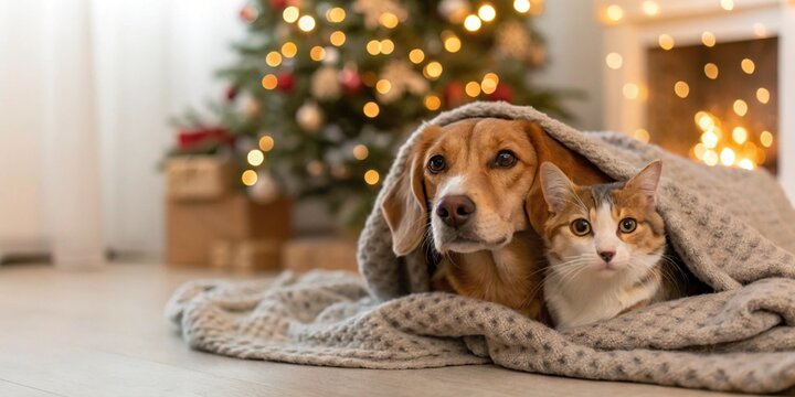 Adorable dog and cat together under blanket at room decorated for Christmas.