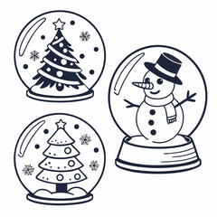 Snow globe icons christmas tree snowman snowflake winter
