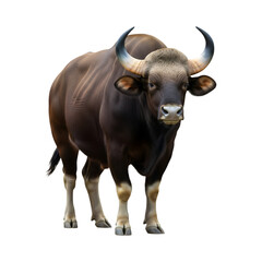 Majestic Gaur: An isolated portrait of a robust gaur, also known as Indian bison, showcasing its imposing size and distinctive features, standing proudly and emanating strength.