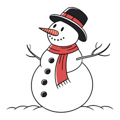 Snowman with black hat and red scarf winter character