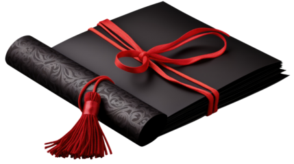 elegant rolled diploma tied with red cord and tassell on white background