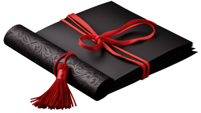 elegant rolled diploma tied with red cord and tassell on white background