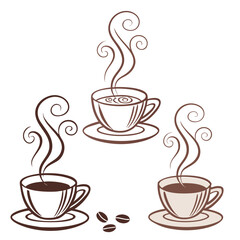 Steaming coffee cups and beans cocoa hot drink