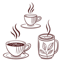 Steaming cups of coffee and tea cocoa hot drink