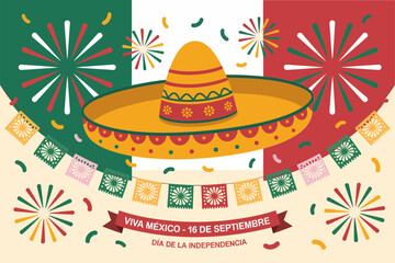 Viva Mexico poster with sombrero, fireworks, September 16, independence day, fiesta celebration, vector greeting card