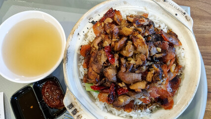 Asian food - hot pot meat on rice