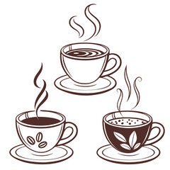 Three steaming cups of coffee cocoa hot drink