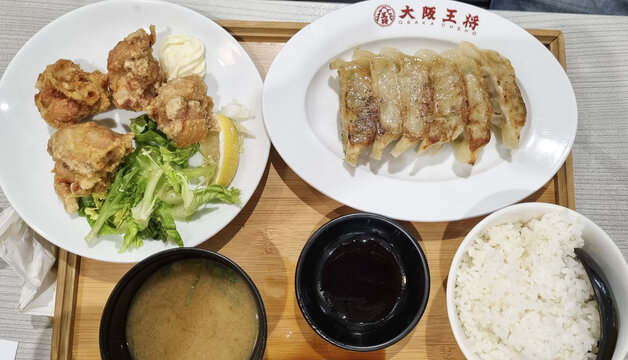 Asian food - dumplings, rice, miso