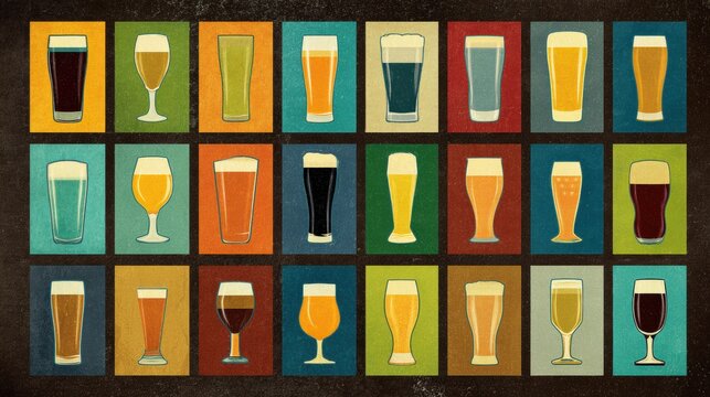 Colorful Grid Display of Various Beer Types Showcasing Different Styles and Colors at a Craft Beer Exhibition