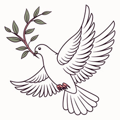 White dove flying with green olive branch bird wings