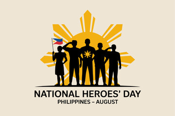 National Heroes Day Philippines card with sun and people, August celebration, unity and pride, vector illustration