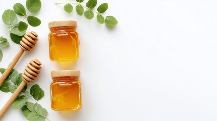 Three Honey Jars with Wooden Honey Dipper and Green Leaves on White Background with Copy Space
