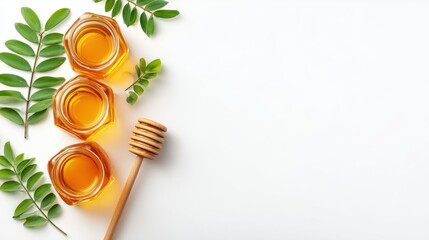 Three Honey Jars with Wooden Honey Dipper and Green Leaves on White Background with Copy Space