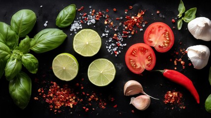 Top View of Fresh Cooking Ingredients with Lime, Tomato, Basil, Garlic, and Chili Flakes on Black Leather Background