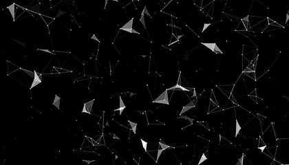 Abstract digital network of connected points and lines floating against a black background.