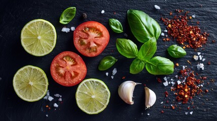 Top View of Fresh Cooking Ingredients with Lime, Tomato, Basil, Garlic, and Chili Flakes on Black Leather Background