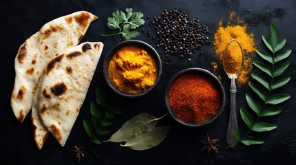 Top View of Indian Cuisine with Naan Bread, Curry Bowl, and Spices on Black Leather Background