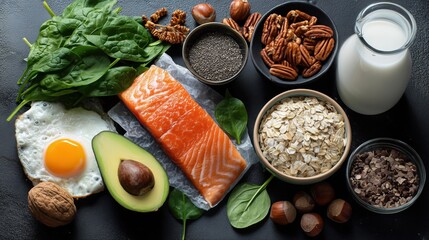 Top View of Healthy Keto Breakfast Ingredients with Avocado, Salmon, Egg, Spinach, and More