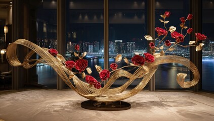 Gold sculpture, red roses, city view