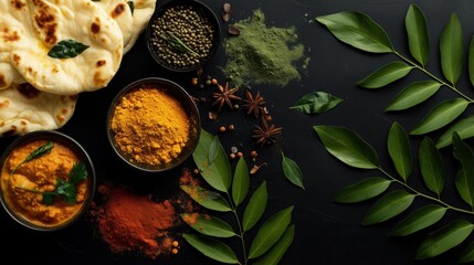 Top View of Indian Cuisine with Naan Bread, Curry Bowl, and Spices on Black Leather Background