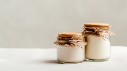 Two Glass Jars with Creamy Ingredients and Wooden Lids Tied with Rustic Jute String on Soft Neutral Background