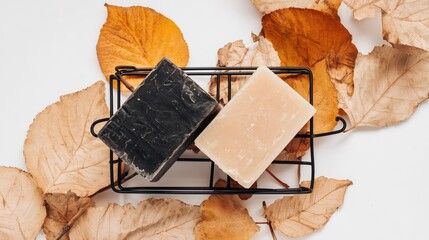 Two Rectangular Soap Bars on Black Wire Holder with Autumn Dried Leaves on White Background