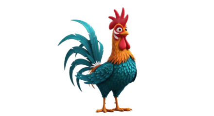 Cheerful cartoon rooster, teal and orange plumage, standing proudly.