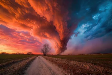 Fototapeten Dramatic sunset over a rural road with a swirling cloud © Bunga