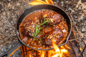 ハンバーグ Grilling homemade hamburger steaks outdoors