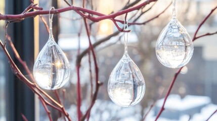 Clear teardrop ornaments on branches