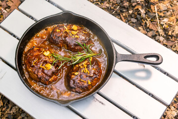ハンバーグ Grilling homemade hamburger steaks outdoors