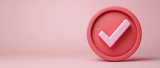 Circular notification badge with bold checkmark pink and red colors soft pink background, symbolizing approval and success