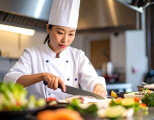 talented japanese chef working on meal preparation in kitchen