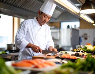 skilled japanese chef working in a professional kitchen