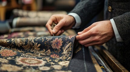 A tailor measures elastic fabric carefully as they prepare to sew a custom waistband for a pair of stylish trousers in a boutique studio