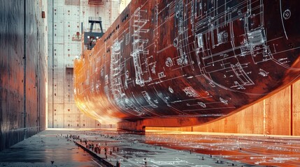 A technical rendering of a steel kelson in a ship hull with annotations and engineering symbols