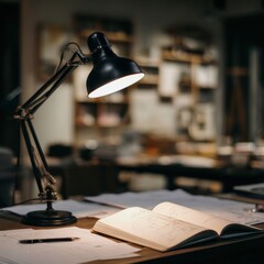 A cozy workspace featuring a stylish desk lamp and tools.