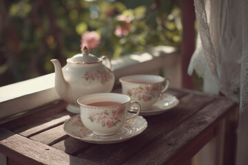 tranquil morning tea time on cozy veranda with grandma surrounded by soft pastel hues