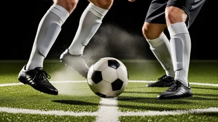 Two Soccer Players in Action Kicking the Ball on a Green Field with White Lines Closeup View - Powered by Adobe