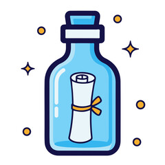 A light blue glass bottle containing a rolled-up scroll, a message in a bottle.